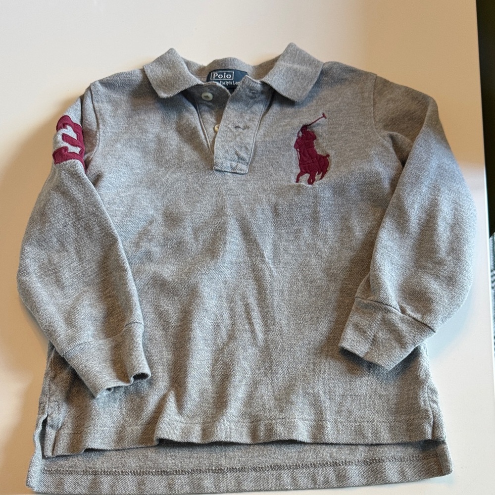 Polo by Ralph Lauren Kids Gray Polo Shirt with Red Logo - size 5